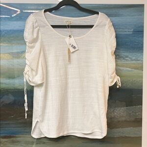 Max Studio White Scoop Neck Ruched Tie Sleeve Top